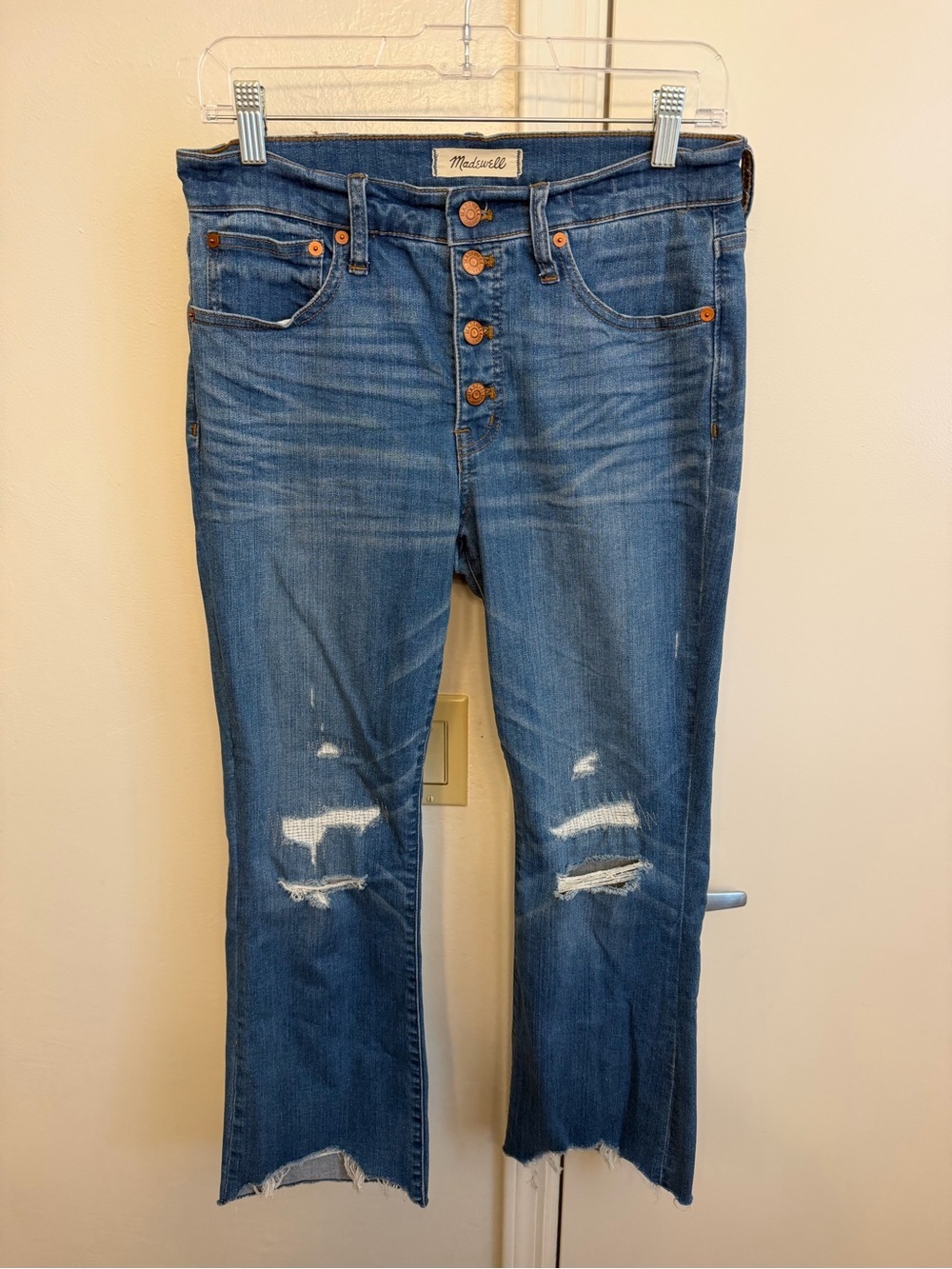 Madewell Cali Demi-Boot Jeans Button Fly Raw Hem Blue Wash Womens Size 28